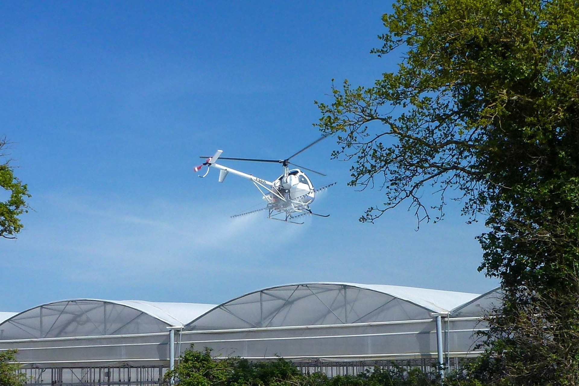 Hélicoptère survolant des serres pour les blanchir